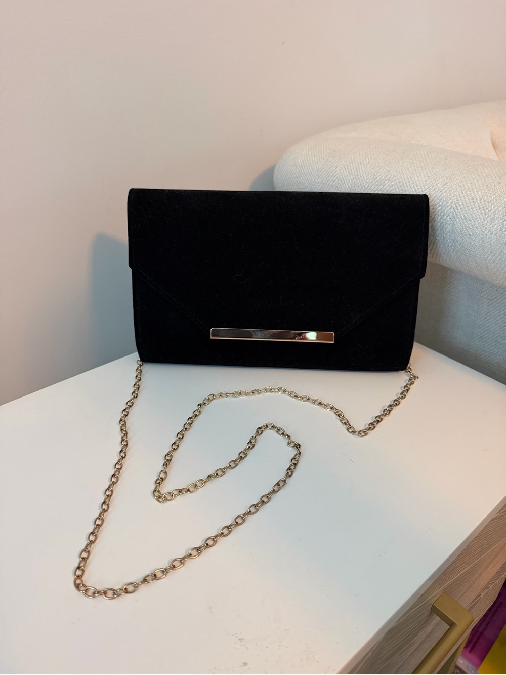 Black Suede Envelope Crossbody Clutch with Gold Chain